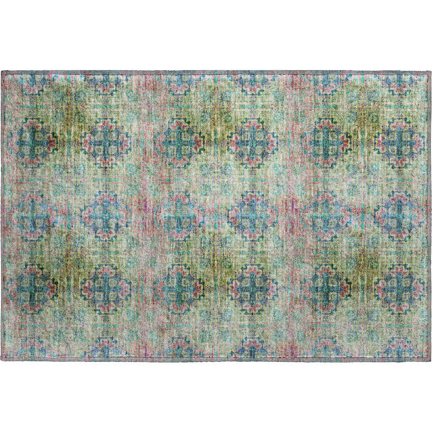 Dalyn Luxury Trevi TV16 Green Washable Area Rug with a faded floral pattern in aloe, blush pink, and light blue.