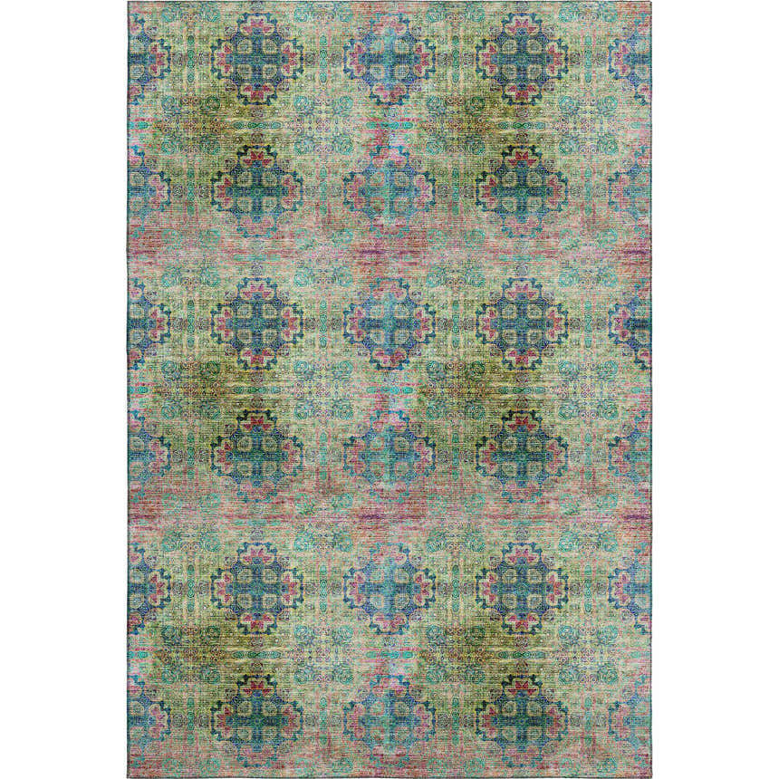 Close-up of a Dalyn Luxury Trevi TV16 Green Washable Area Rug with a floral, medallion pattern in aloe, pink, teal and blue.