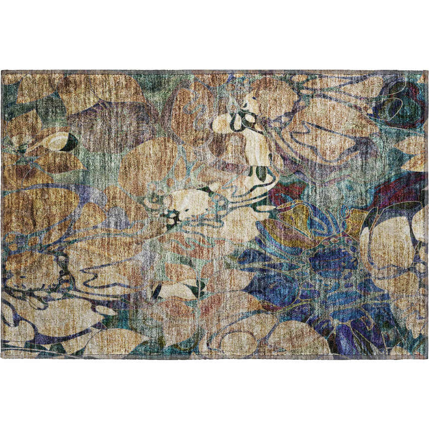 Close-up of the Dalyn Luxury Indoor/Outdoor Trevi TV17 Beige Washable Area Rug. Features beige, blue, and blush floral pattern.