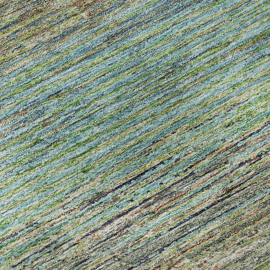 Close-up of Dalyn Luxury Indoor/Outdoor Trevi TV1 Aloe Washable Area Rug showing aloe, brown, and green striped pattern.