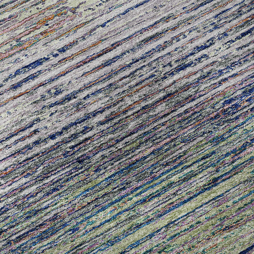 Close-up of the Dalyn Luxury Trevi TV1 Blush Washable Area Rug featuring a striped pattern in blush, blue, green, and purple.
