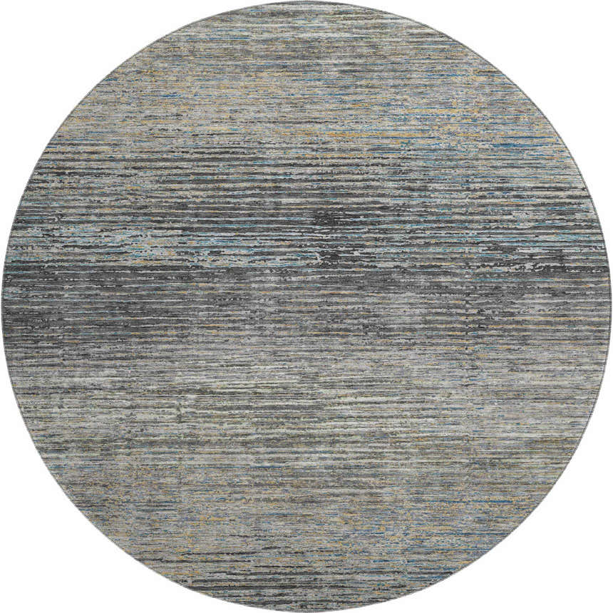 Close-up of round Dalyn Luxury Trevi TV1 Granite Washable Area Rug. Features beige, gray, blue, and gold horizontal striations.