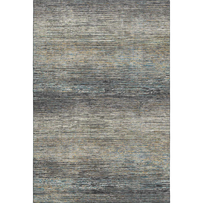 Close-up of Dalyn Luxury Trevi TV1 Granite Washable Area Rug. Beige, gray, light blue, and gold horizontal striations.
