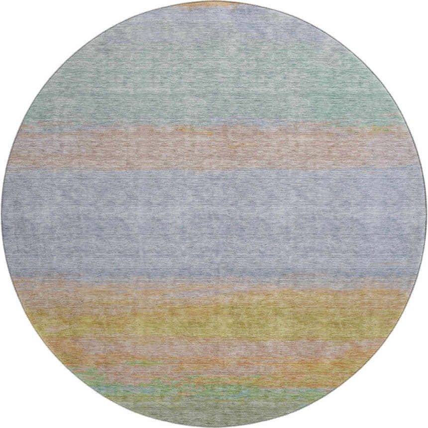 Round Dalyn Luxury Trevi TV2 Lavender Washable Area Rug with horizontal stripes in teal, gold, and purple.