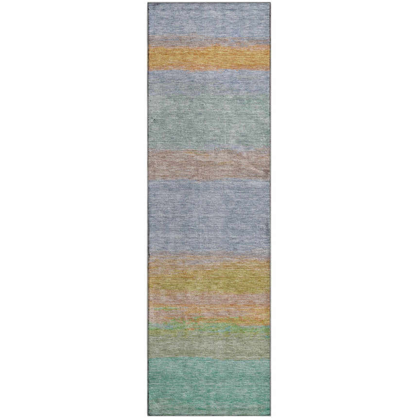 Close-up of Dalyn Luxury Indoor/Outdoor Trevi TV2 Lavender Washable Area Rug with horizontal stripes in burnt, gold, blue, and purple.