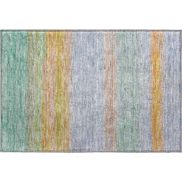 Close-up of the Dalyn Luxury Trevi TV2 Lavender Washable Area Rug with vertical stripes in teal, gold, and light blue.