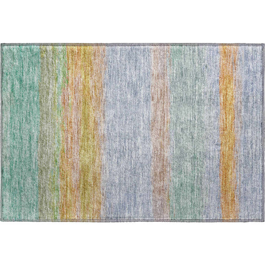 Close-up of the Dalyn Luxury Trevi TV2 Lavender Washable Area Rug with vertical stripes in teal, gold, and light blue.