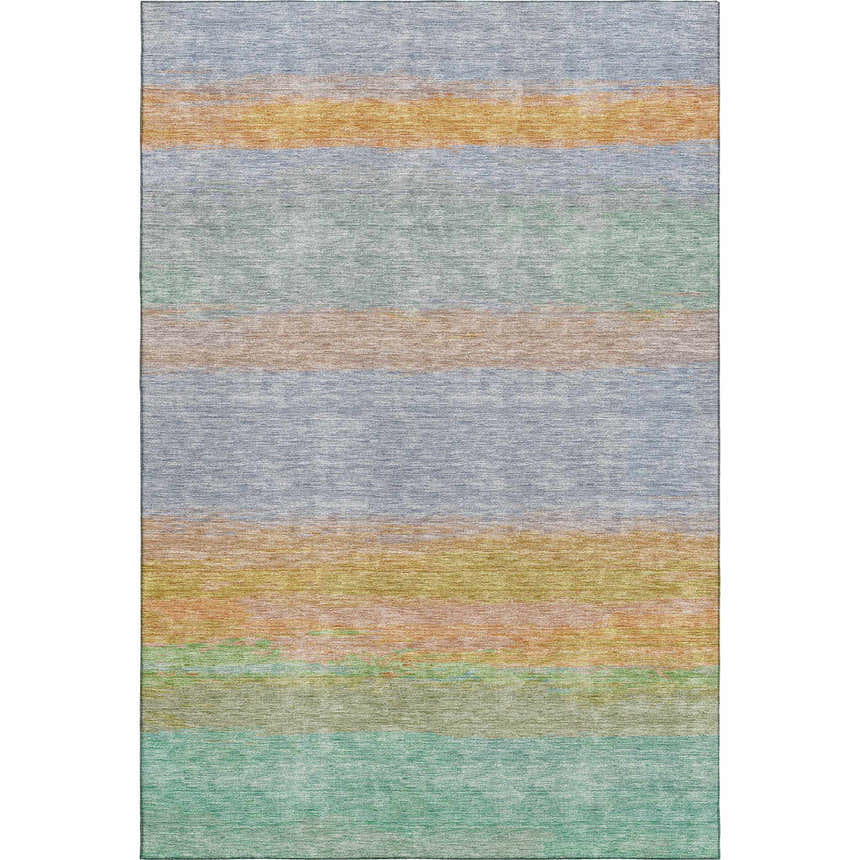 Dalyn Luxury Trevi TV2 Lavender Washable Area Rug with horizontal stripes in burnt, gold, light blue, purple, teal, and yellow.