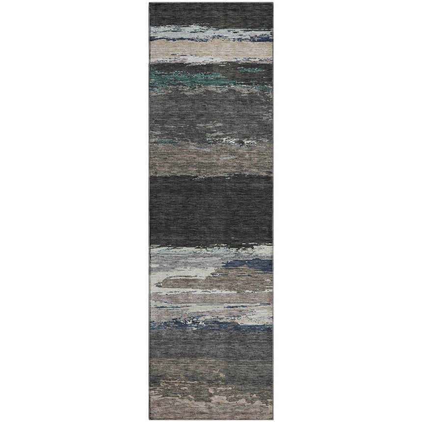 Dalyn Luxury Trevi TV8 Black Washable Area Rug with beige, black, and gray horizontal stripes.