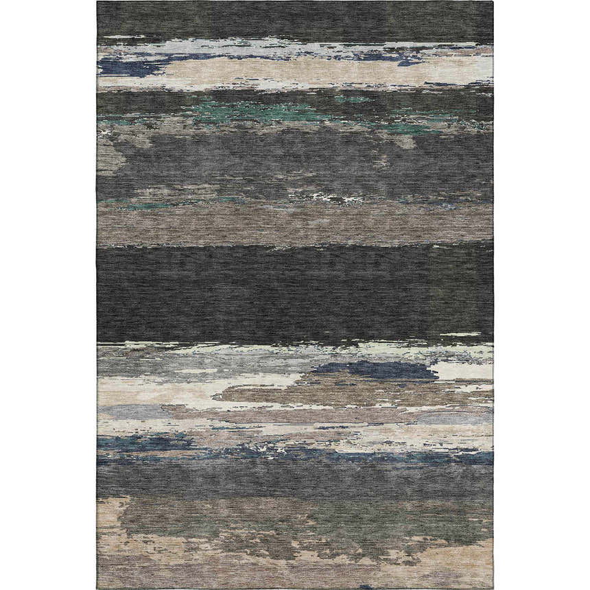 Close-up of Dalyn Luxury Trevi TV8 Black Washable Area Rug with beige, black, and gray horizontal brushstroke pattern.