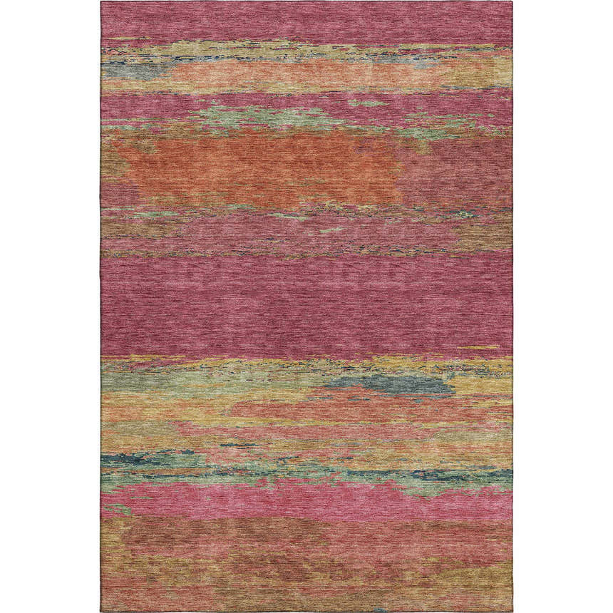 Close-up of the Dalyn Luxury Trevi TV8 Blush Washable Area Rug. Features pink, beige, gold, green, and burnt horizontal stripes.