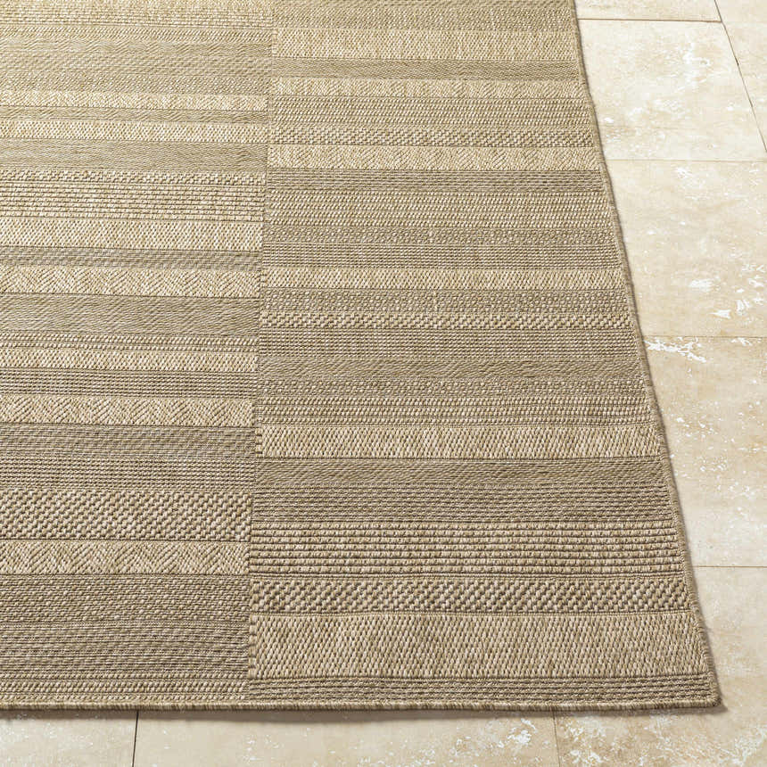 Close-up of the Thana Brown Area Rug showing its camel, tan, and prairie dust woven stripe design. Front