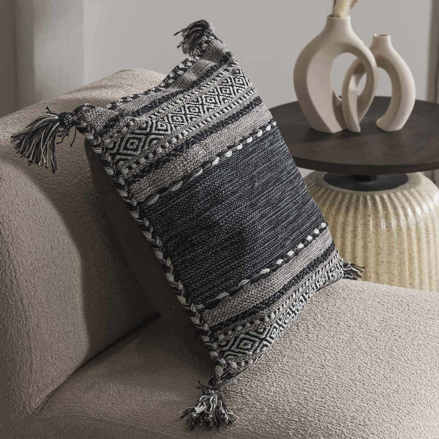 Bensalem Black Geometric Fringe Throw Pillow