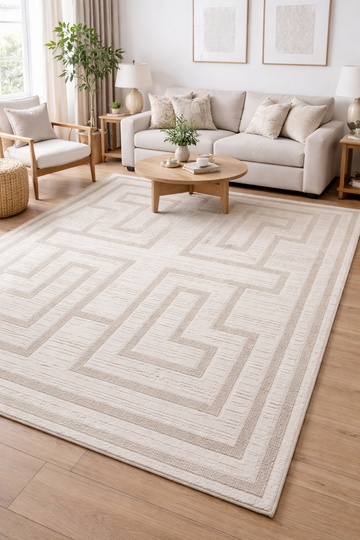 Beige living room with Rachel Zoe x LIVABLISS RZSE-2301 area rug, sofa, wood table, and neutral decor. Roomscene-Rectangle