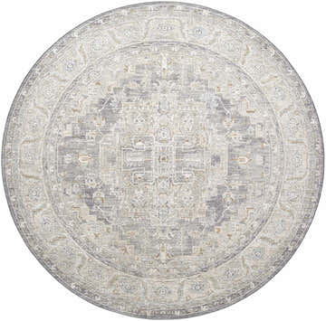 Close-up of a round Ulubey Distressed Gray Thick Luxe Area Rug featuring a traditional, oriental-inspired medallion pattern. Design-Round-67