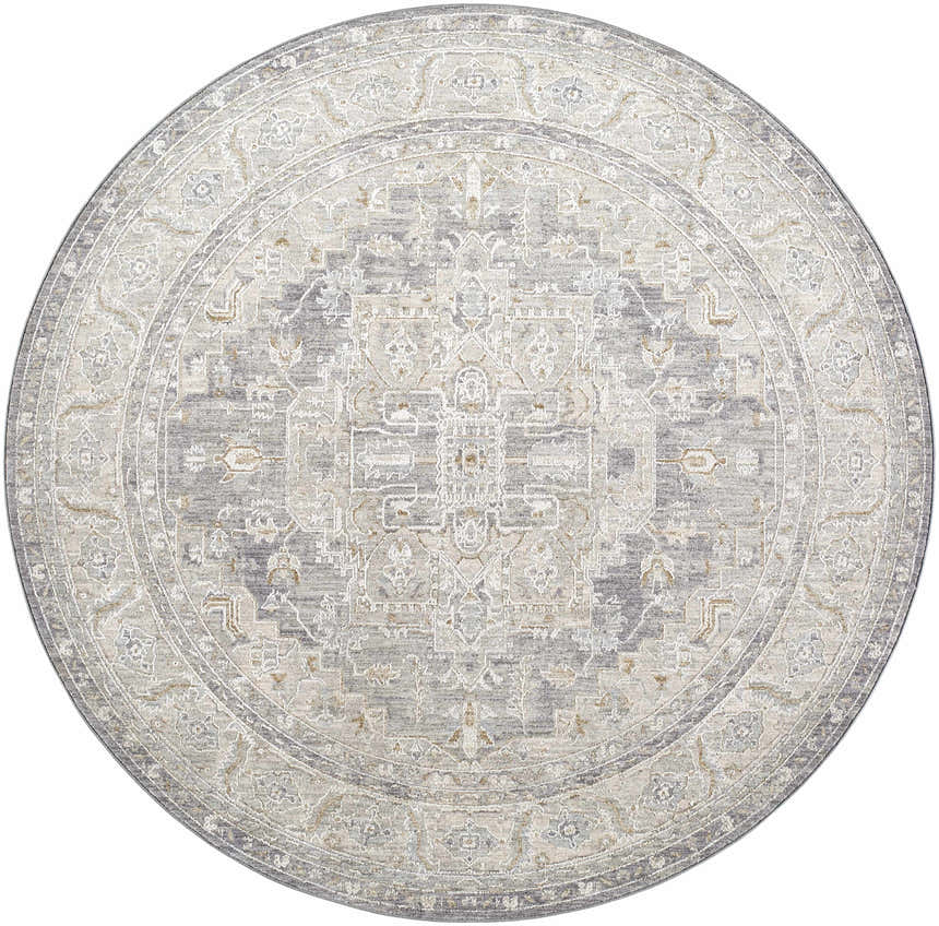 Close-up of a round Ulubey Distressed Gray Thick Luxe Area Rug featuring a traditional, oriental-inspired medallion pattern. Design-Round-67