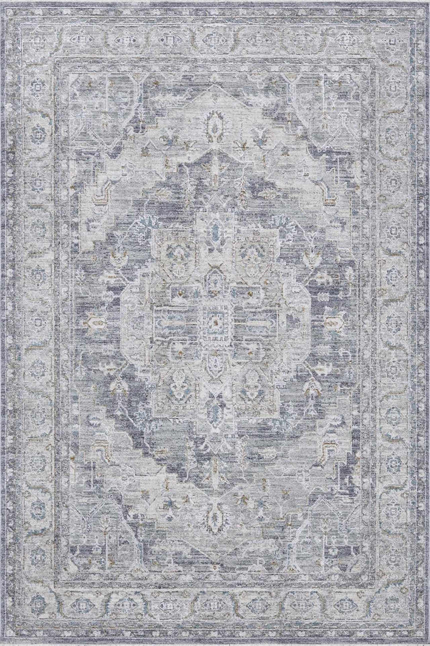 Close-up of the Ulubey Distressed Gray Thick Luxe Area Rug. Features a traditional, oriental pattern in gray, light blue, and beige tones. Design-Rectangle-58