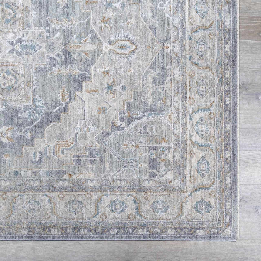 Close-up of the Ulubey Distressed Gray Thick Luxe Area Rug showing its traditional pattern, gray, blue, and beige colors. Swatch