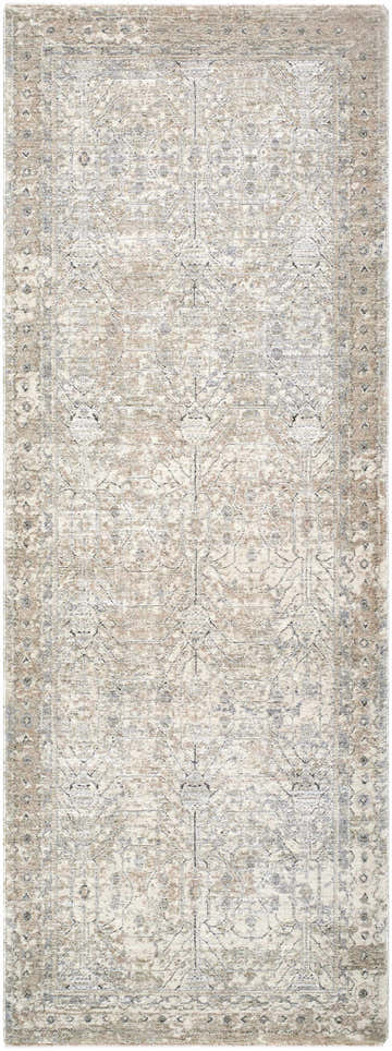 Close-up of the Avalyn Area Rug. Cream, light sage, light slate, and tan colors. Farmhouse style, machine woven polyester rug. Design-Runner-2710
