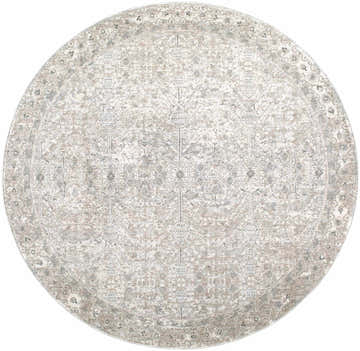 Close-up of the round Avalyn Area Rug. Cream, light sage, and tan tones with a traditional, distressed pattern. Design-Round-53
