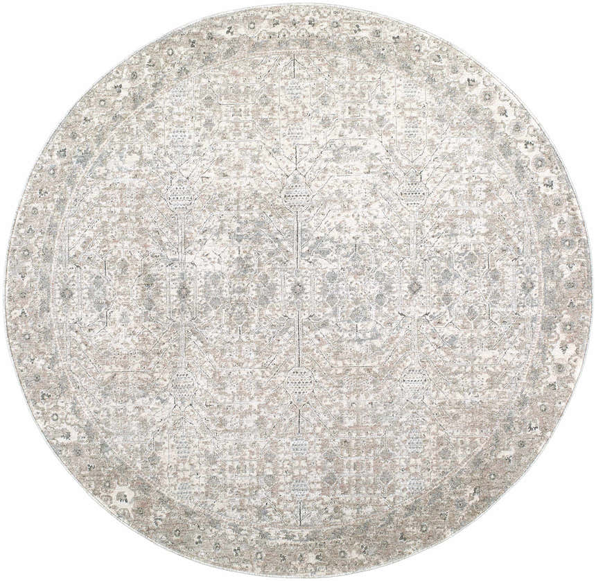 Close-up of the round Avalyn Area Rug. Cream, light sage, and tan tones with a traditional, distressed pattern. Design-Round-53