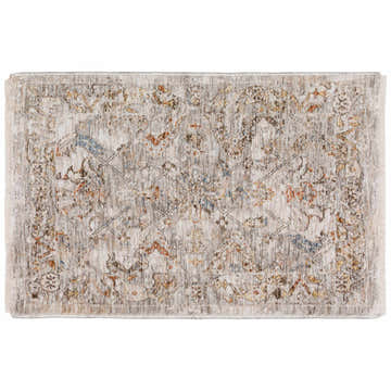 Close-up of the Dalyn Vienna VI3 Linen Area Rug. Beige rug with brown, gold, and light blue traditional floral pattern.