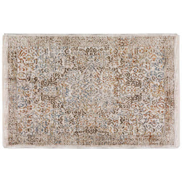 Close-up of the Dalyn Vienna VI5 Ivory Area Rug. Beige rug with brown, gold, blue, and paprika traditional pattern.