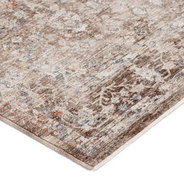 Close-up of the Dalyn Vienna VI6 Chocolate Area Rug, showcasing its beige, brown, and light blue traditional pattern.