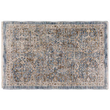 Close-up of the Dalyn Vienna VI7 Denim Area Rug. Features a traditional beige, brown, and denim floral pattern.