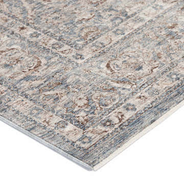 Close-up of the Dalyn Vienna VI8 Denim Area Rug, showcasing its traditional beige, brown, and denim floral pattern.