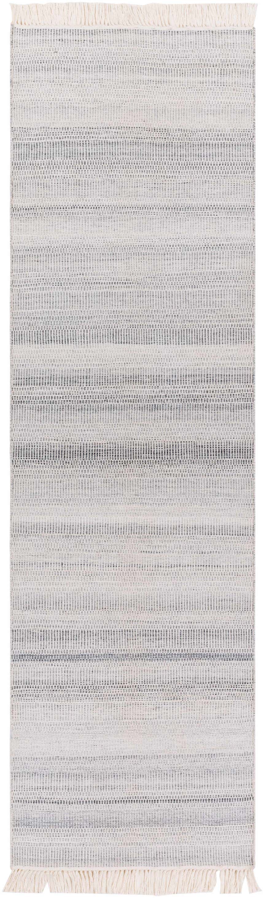 Close-up of the hand woven Villasis Area Rug. Gray, light beige, and off white recycled PET yarn create a contemporary striped pattern. Design-Runner-268