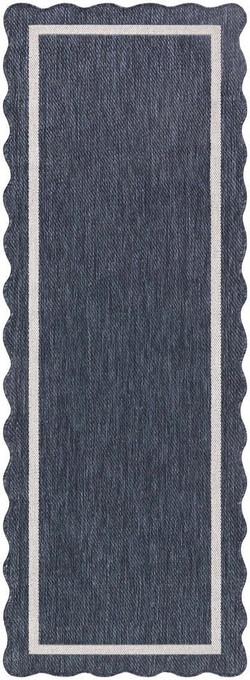 Close-up of Varro Navy Area Rug, a farmhouse style runner with cream border and scalloped edge. Design-Runner-2773