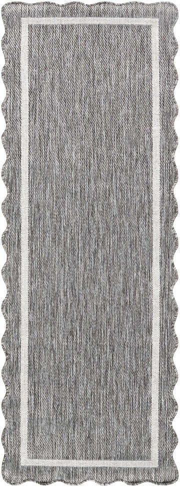 Close-up of the Varro Charcoal Area Rug, a farmhouse-style runner with a cream border and scalloped edge. Design-Runner-2773