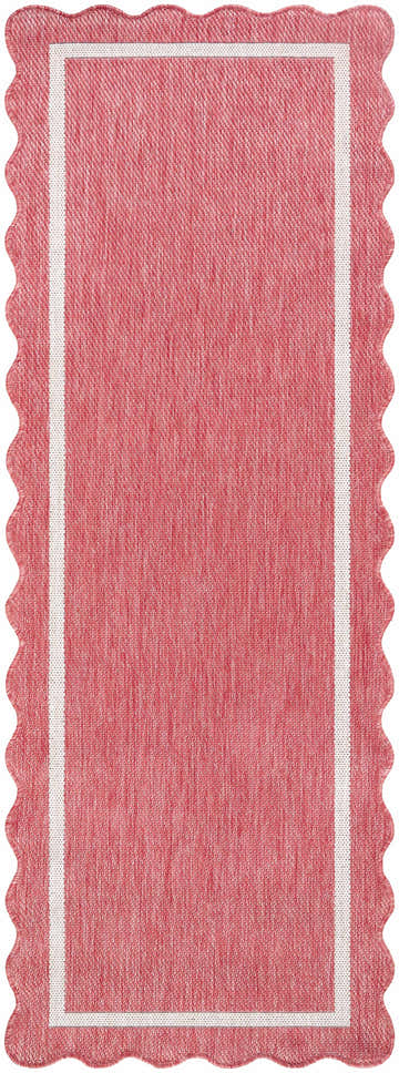 Close-up of a Varro Dark Pink Area Rug. Features a cream border and a scalloped edge. Rectangle runner shape. Design-Runner-2773