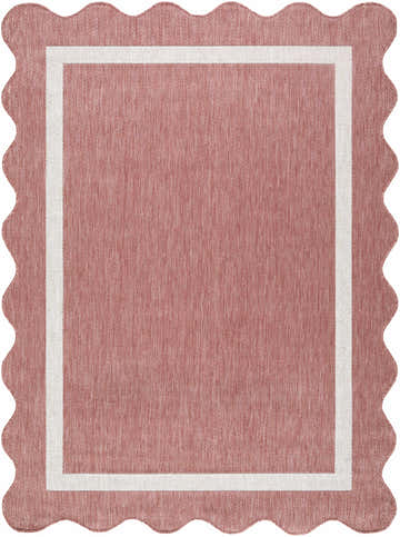 Close-up of Varro Dark Pink Area Rug featuring a cream border and a unique scalloped edge. Design-Rectangle-537