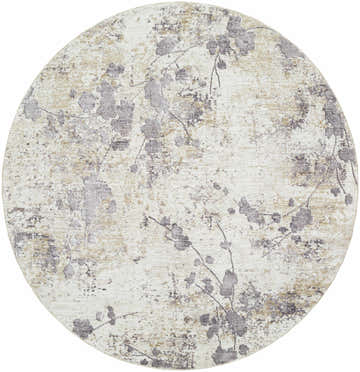 Close-up of round Aquila Cream Area Rug. Features a floral pattern in charcoal, gray, and cream hues. Southwestern style. Design-Round-53