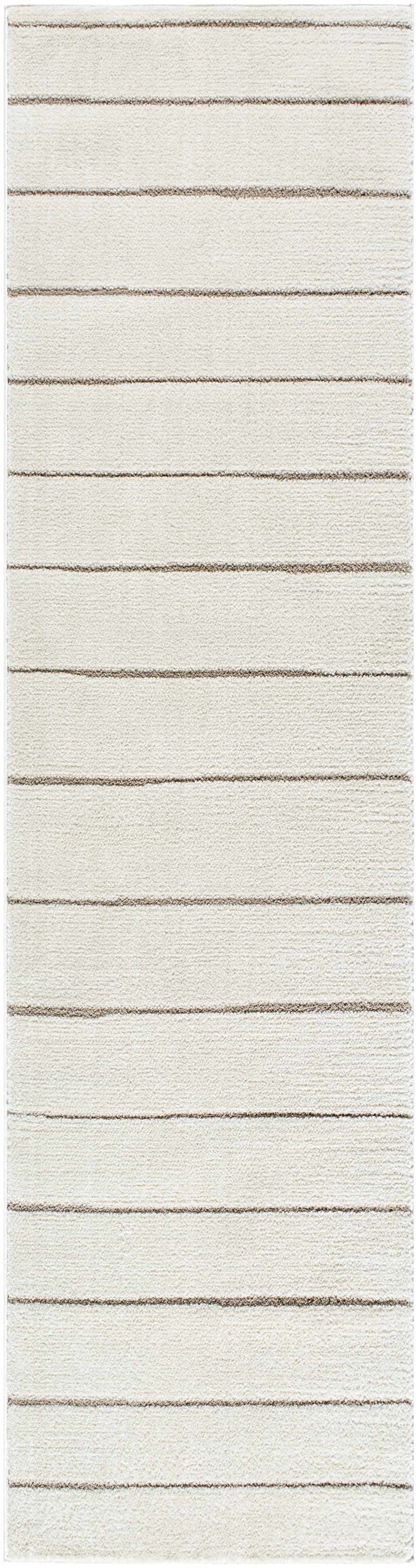 Close-up of the Cascade Machine Woven PNWCS-2303 rug. Ivory rug with a subtle taupe horizontal stripe pattern. Design-Runner