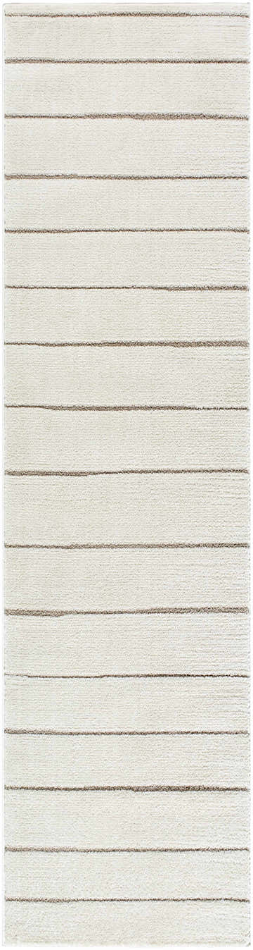 Close-up of the Cascade Machine Woven PNWCS-2303 rug. Ivory rug with a subtle taupe horizontal stripe pattern. Design-Runner