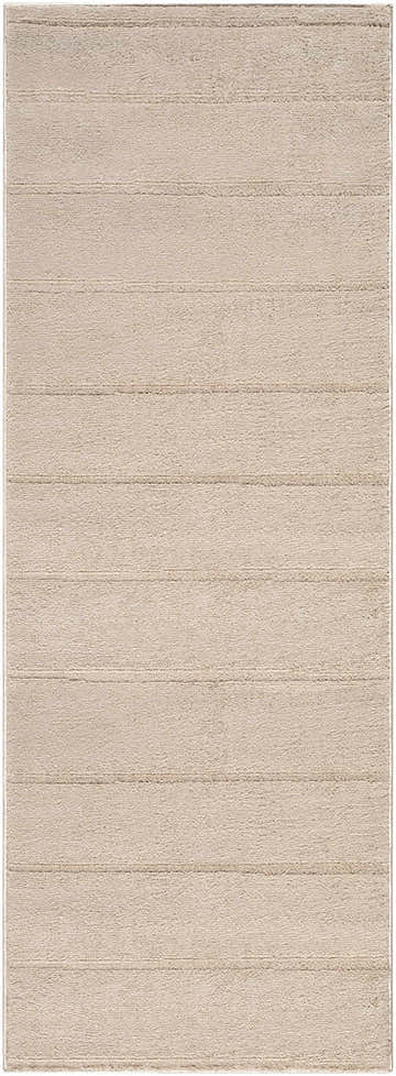 Close-up of a Cascade Brown Area Rug. Light brown, machine woven polyester rug with subtle horizontal stripe pattern. Design-Runner-2773