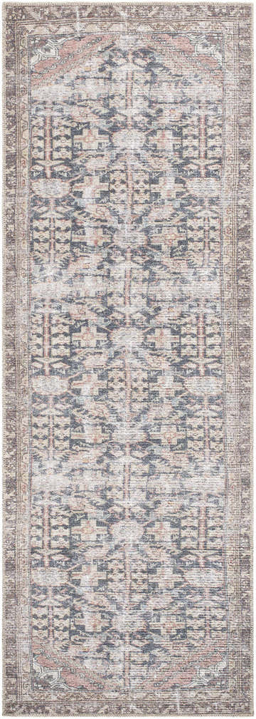 Close-up of the Valar Washable Area Rug, featuring a traditional pattern in beige, black, and cream hues. Design-Runner-27710
