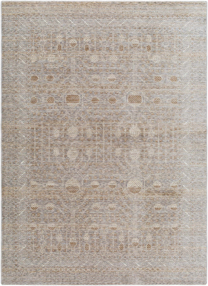 Close-up of the Vince Area Rug. Farmhouse style rug with cream, dark red, gray, and tan traditional pattern. Design-Rectangle-5710