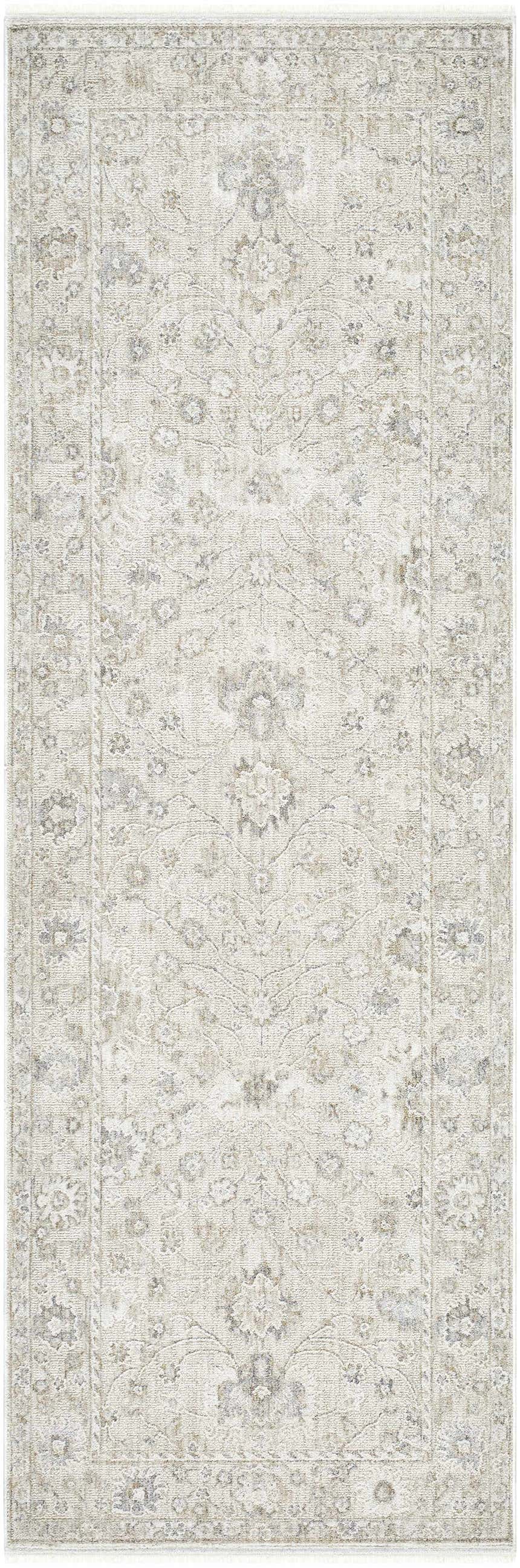Close-up of the Vaman Luxe Rug. Light silver and sterling gray traditional floral pattern. Machine woven polyester. Design-Runner-27710