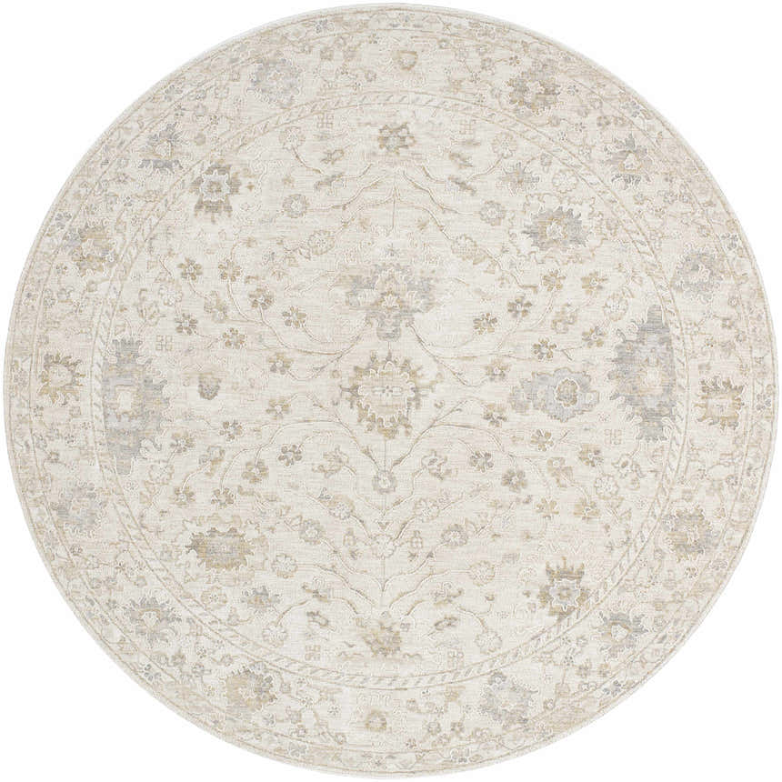 Close-up of the round Vaman Luxe Rug. Light silver and sterling gray traditional floral pattern. Design-Round-7