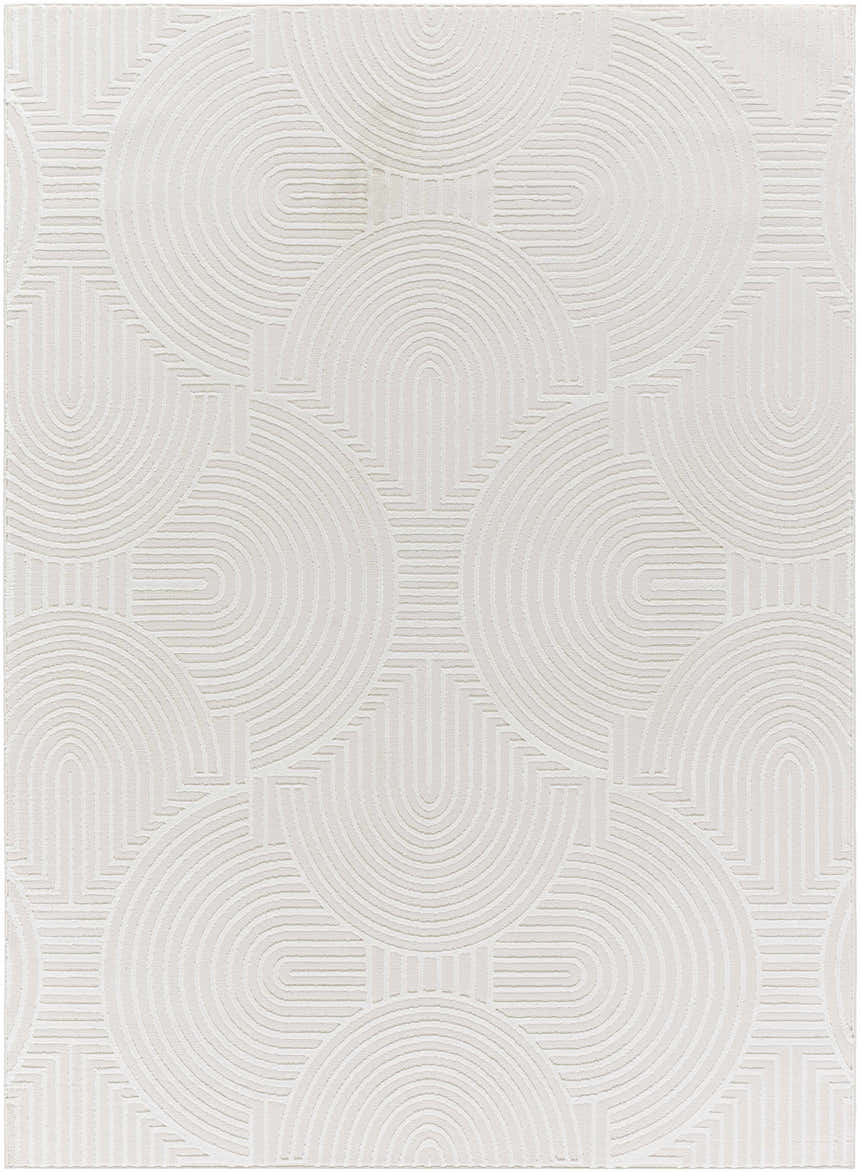 Close-up of the Aucoin Cream 3D Rainbow Washable Area Rug featuring a textured geometric rainbow pattern. Design-Rectangle-4117