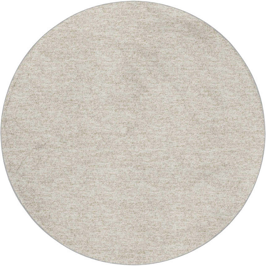 Close-up of a round Dalyn Luxury Voyage VY2 Linen Washable Area Rug. The rug has a beige, textured design.