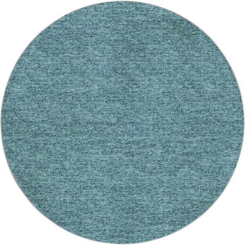 Close-up of round Dalyn Luxury Voyage VY2 Teal Washable Area Rug; a textured, soft teal rug.