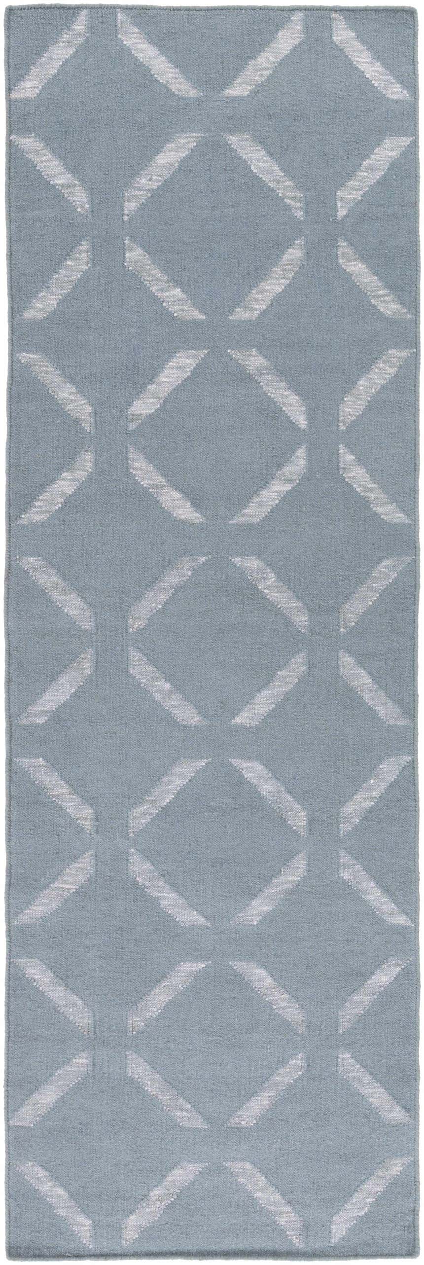 Close-up of Weybridge Area Carpet. Light gray wool rug with a medium gray geometric diamond pattern. Hand woven texture. Design-Runner-268