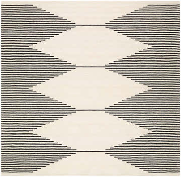 Close-up of the Walkerston Rug, a hand-tufted wool rug in beige with a bold black striped geometric pattern. Design-Square-5