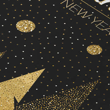 Close up of the Dalyn Wonderland WN11 Black Washable Area Rug. Features gold confetti, stars and New Year text on a black background.