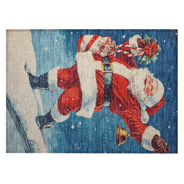 Dalyn Wonderland WN15 rug featuring Santa Claus with gifts on a blue background with snow. Holiday rug.